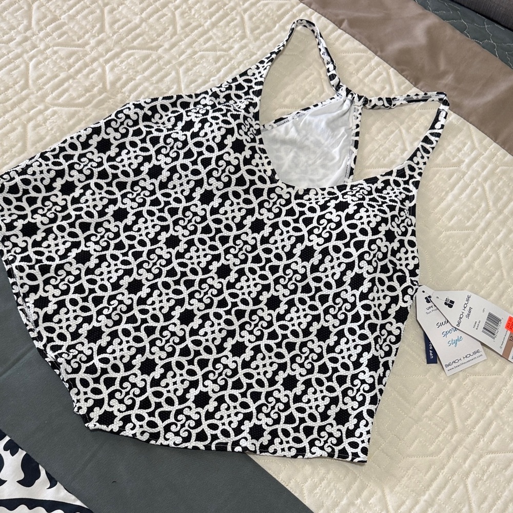 Beach House Black & White Pattern Swim Top